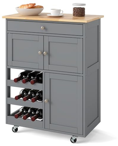 KOMFOTTEU Küchenwagen auf Rollen, Kücheninsel mit Weinregal & 2 Schränke & Schublade, Servierwagen aus Holz, Küchenrollwagen mit Arbeitsplatte, Küchentrolley für Küchen Esszimmer (Grau)