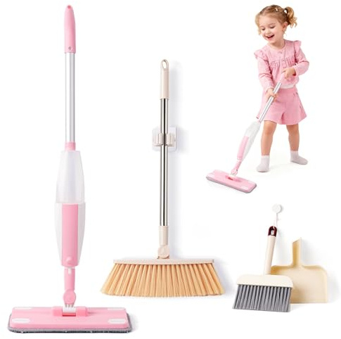 Toddler Gifts Cleaning Toy Sets, Real Working Water-Spraying Mop Toy & Kids Broom Dustpan Set, Montessori Mini Kids Spray Mop, Toddler Cleaning Set for Floor, Christmas Birthday Gifts for Age 3+