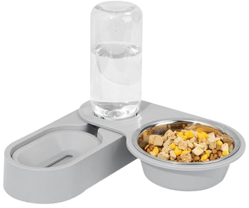 Vatten- och matdispenser for katter - Skålar med vattenflaska Bärbar mat- vattendispenser for husdjur, halkfri rostfri(Gray)