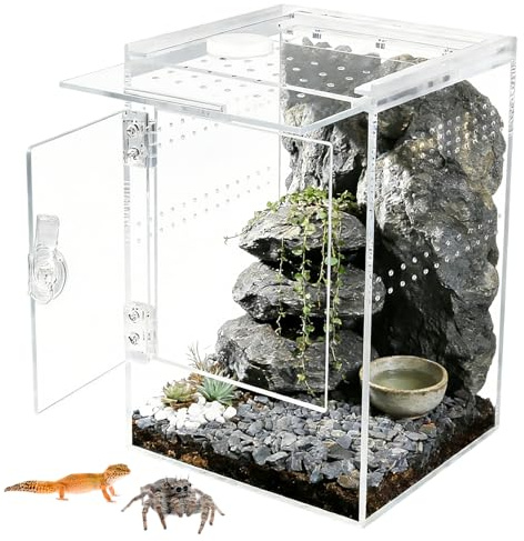 Främre öppning terrarium, rektangulär akrylterrarium, 15 x 15 x 23 cm hållbara sniglar terrarium, miniterrarium, för mikrohabitat för små spinndjur och reptiler, transparent