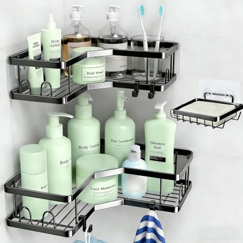 IOUGDSEC Organizador de ducha de esquina resistente al óxido, paquete de 3 unidades, accesorios de almacenamiento de baño de acero inoxidable, organizador de ducha duradero sin perforación, estantes