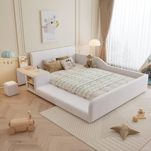 Zepneiy Lit Capitonné avec Bureau et Tabouret pour Enfant, Lit 140x200 avec Sommier et étagère de Rangement et Tete, Lit Double Cadre de Velours, Blanc(sans Matelas)