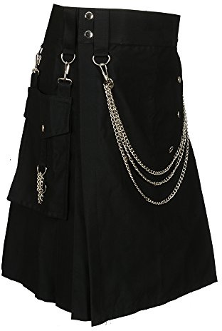 Scottish Black Fashion Utility Kilt with Silver Chains (Belly Button Measurements 48)