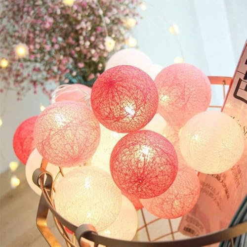 Hiser Luces De Bolas De Algodón Cadena de Luces, Bola de algodón de 6 cm Batería Lámpara de Guirnalda Luminosa Hogar,Jardín,Fiesta,Boda,Año Nuevo,Navidad Decoración (Rosado,1.5M-10LED)