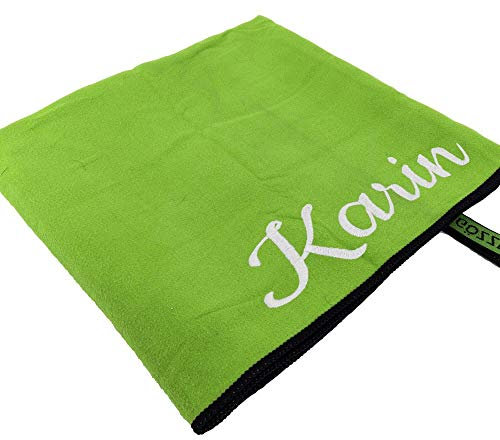 Sporthandtuch mit Name oder Wunschtext Bestickt, Mikrofaser Handtuch - ideal als Fitnesshandtuch, Badehandtuch, Reisehandtuch & Strandtuch, kompakt, leicht & schnelltrocknend, 70 x 140 cm hellgrün