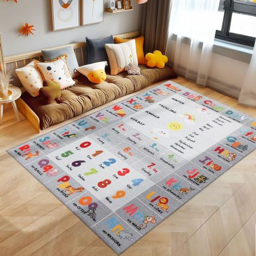 KinderTeppich, Alphabet - Buchstaben - Zahlen - Tiere, Teppich Grau, 100 x 150 cm, Teppich für Kinder, Teppich Kinderzimmer