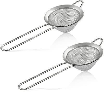 E-far Fine Mesh Strainer Set of 2, 3.3 Inches Stainless Steel Tea Strainer with Long Handle, Small Conical Mesh Strainers Sieve for Cocktail Coffee Food, Rust Proof & Easy to Clean (Silver)