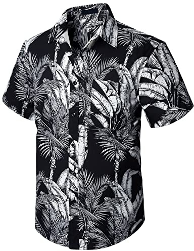 Enlision Camisa Hawaiana Hombre Funky Manga Corta Camisas Hawaianas con Bolsillo Delantero Impresión de Palma Hoja Aloha Shirt para Hawaii Playa, Noir,
