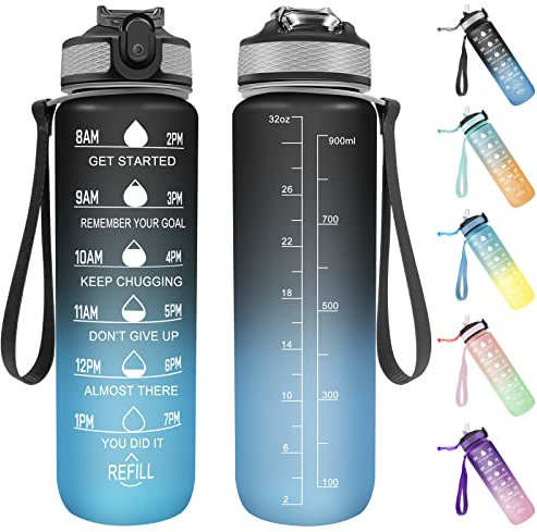 Invool Sports Water Bottle, 1 Litre Water Bottle with Straw & Time Markings, BPA Free, Leakproof & Secure Locking Lid, Tritan Plastic Drink Bottle for School/Cycling/Camping/Running (Black Blue)