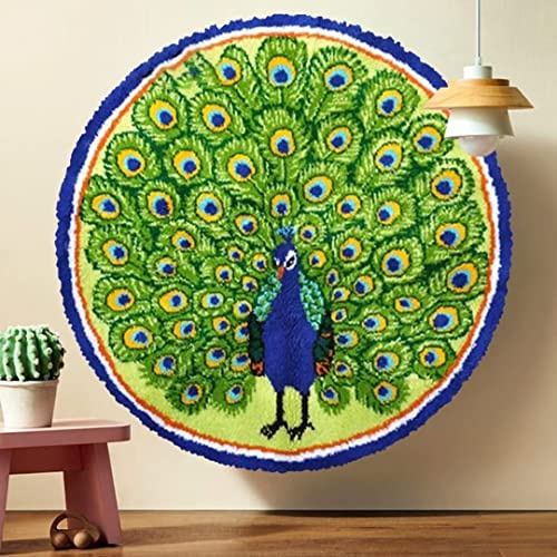 ROCKY&CHAO Latch Hook Rug Kit, DIY Rug Making Kit for Adults Kids, Sika Deer Rug Making Kits, Cross Stitch Kit Carpet Making Cushion Needlework for Beginners, Home Decor, Peacock 50x50 cm