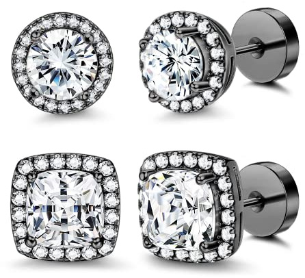 Morfetto 14K platt baksida runda fyrkantiga knoppörhängen för män kvinnor stora kubiska zirkonia-örhängen herrörhängen flatback örhängen, 8.5 mm (rond) / 10 mm x 7 mm (vierkant), Koppar, Kubisk