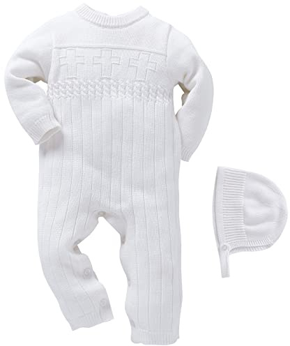 Booulfi Newborn Baby Clothes Boys Christening Outfits Baby Clothes 0-3 Months White Long Sleeve Babys Romper 2 Pcs Cable Knit Jumper With Bonnet Christening Gift for Boy