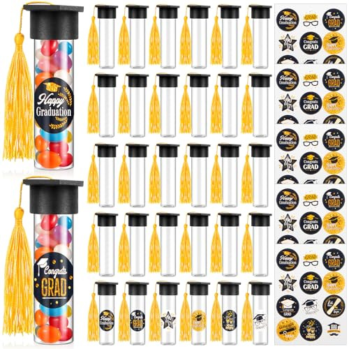 FillTouch 50 Sets 2026 Graduation Candy Tubes Jars Party Favor Gumball Container Clear Plastic Test Tubes with Mini Caps and Stickers for Graduation Prize Items (Black)