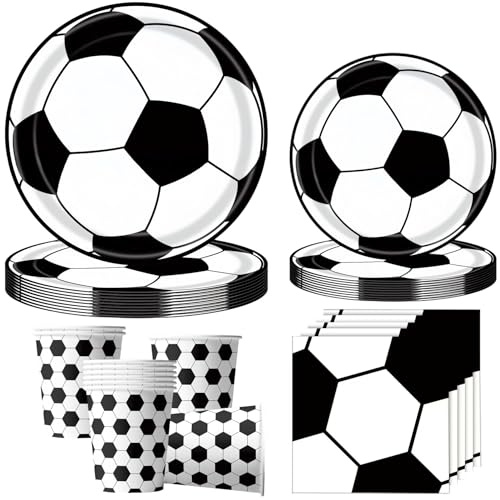 OMZSXK 50 stoviglie da calcio per 10 ospiti, per feste di compleanno, piatti di carta da calcio bianco e nero