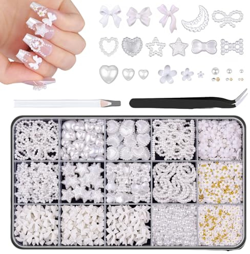 Goiern 3D nagelberlocker för nageldesign set, vita nagelbågar olika pärlor hjärta stjärna slipning nagel 3D blommor berlocker och nagelpärlor för nageldekoration
