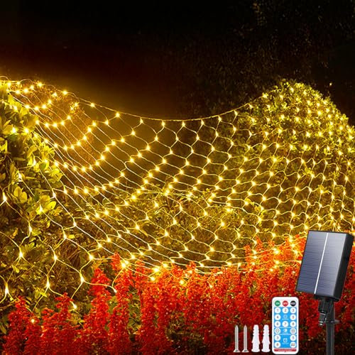 Aofonchy Rete Luminosa Solare, 1.5x1.5M 96LED Impermeabile Rete di Luci Solari, 8 Modalità Luci Della Rete con Telecomando e Timer, Rete Luminosa Esterni per Natale Cespugli Giardino Cortile Feste
