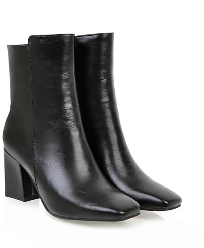 FQMAYPO Stivaletti Caldi da Donna Stivaletto con Tacco Basso A Blocco Grosso con Cerniera Stivaletto Chelsea A Punta Quadrata Autunno Inverno Stivali in Pelle di Vitello Medio,Nero,37 EU