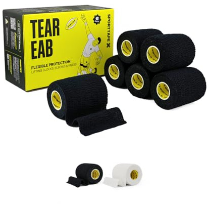 SPORTTAPE EAB Tejp – 6 rullar, 7,5 cm x 4,5 m, Svart – Rivbar elastisk sporttejp för rugby, tyngdlyftning samt tejpning av knän och armbågar | Medicinsk tejp för stöd, stabilitet och rehabilitering