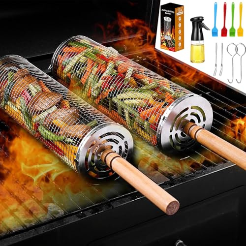 Rolling Grill Basket 2 PCS, 304 Stainless Steel Mesh, Removable Wooden Handle, Washable Reusable for Fish, Shrimp, Meat Vegetables - Portable Camping BBQ Accessories,Gift for Men Dad Husband