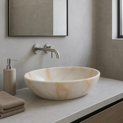 WITIT Lavabo lavandino lavello da appoggio in ceramica effetto marmo OVALE 42x33x15 cm MOD.6062 vari colori a scelta (Bianco Venato M2)