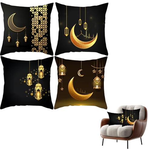 Cojines decorativos de Ramadán, set de 4 fundas de 18x18 pulgadas, con bonitos diseños festivos, ideales para sofás, camas, sillas y decoración del hogar, duraderas y lavables