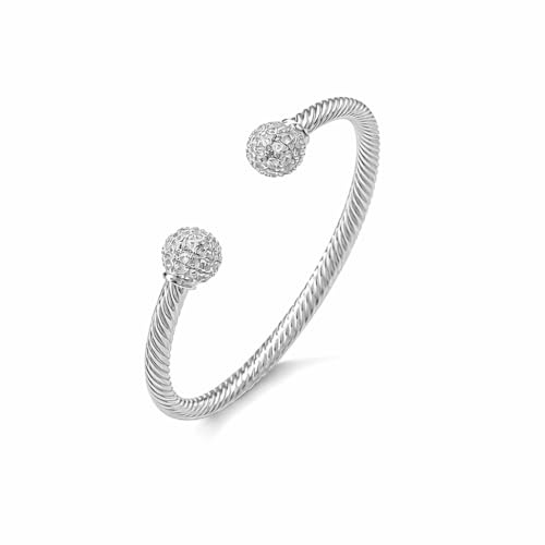 THE BLING KING 4mm Silver-Plated Torque Bangle Bracelet with Stones for Women, Adjustable 7.5–8 Inch, Lightweight Silver Ball Cuff Style, 17g