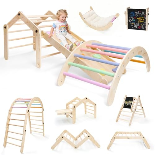 SPYLAVE Montessori 8 en 1 estructura de escalada interior, triángulo de escalada deformable a partir de 1 año, juego multifuncional para interiores con arco de escalada con cojín, tobogán, tablero de