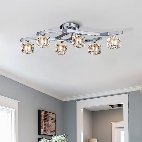 BESTIER Modern Elegant Glass Crystal Ceiling Light Chandelier 6 Light Chrome Semi-Flushmount Lighting Fixture Length 77 cm x Width 25 cm x Height 19 cm
