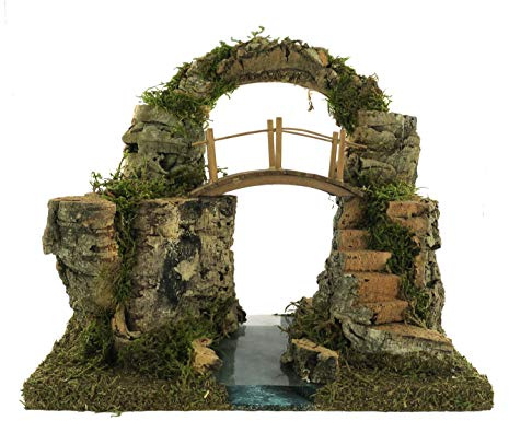 Bertoni Arco di Roccia con Ponte sul Fiume per Presepe | Ponticello su Ruscello in Legno Sughero e Muschio | Adatto a Statuine 8-12 cm | Prodotto Italiano | 16x25x18 cm