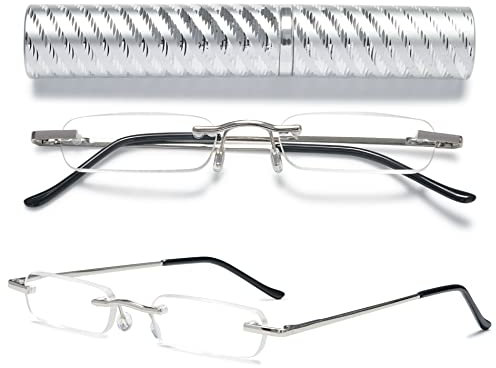 VEVESMUNDO Portable Reading Glasses Travel Frameless Metal Rimless Lightweight Spring Hinge Readers in Tube Case for Men Women