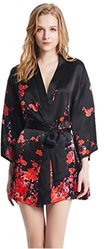 Prettystern Donna Corta Kimono Geisha Mini Abito Robe Vestaglia Seta Giacca Giapponesi Camicia Da Notte Vestito Nero Fiori Mi04