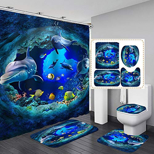 H-ENY 4 Teile/Satz Blau Delphin Duschvorhang Wasserdichter Stoff Tuch Badvorhang, rutschfeste Badezimmer Teppiche Badematten WC-Teppich, Wunderschöner Delphin