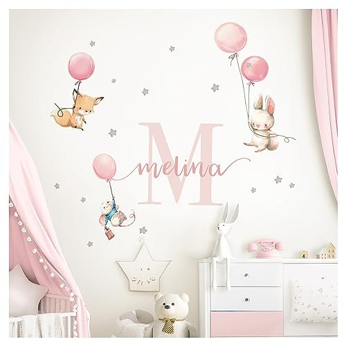 Little Deco Wandtattoo Tiere & Wunschname I Wandbild 104 x 54 cm (BxH) I Kinderzimmer Babyzimmer Wandaufkleber Mädchenzimmer Ballon Wandsticker Aufkleber DL748