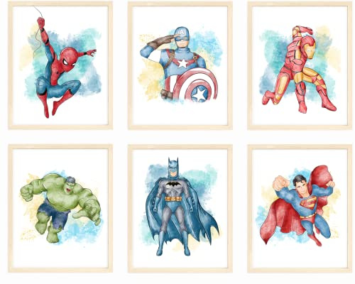 Nistio® Superhelden-Wanddekoration, Superhelden-Wandkunst für Jungen-Schlafzimmer, Avengers-Drucke, Set mit 6 Drucken, Iron Man, Spiderman, Captain America, Hulk, Batman, Superman, ungerahmt, 20,3 x