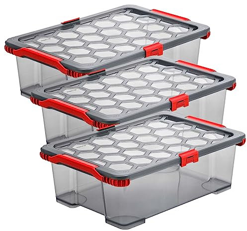 Rotho Evo Total Protection 3er-Set Aufbewahrungsbox 11l mit Deckel, lebensmittelechter Kunststoff (PP) BPA-frei, anthrazit/rot, 3x 11l (39.3 x 28.3 x 16.0 cm)