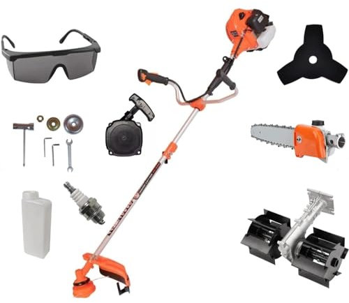 KNakasaki | Desbrozadora Gasolina Profesional Multifunción, con Accesorios, 65CC Motor 2 Tiempos (Correa para Hombro, Cuchilla de 3 Dientes, Carrete, Sistema antivibración y Motosierra Universal)