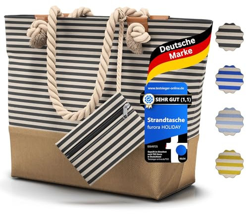 furora HOLIDAY Strandtasche XL - mit Reißverschluss & 2x Innentaschen (für nasse Badekleidung & Wertsachen) bequemer Griff, leicht, groß, wasserabweisend | Badetasche Damen & Herren