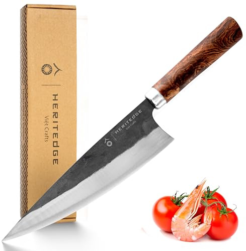 HERITEDGE Chefmesser handgeschmiedet 20,8 cm | Handgefertigtes Kochmesser | Carbonstahl 60–61 HRC | Tamarindenholz | Traditionelle Schmiedekunst aus Vietnam