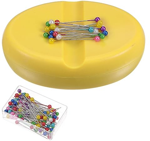 sourcing map Magnetic Pin Cushion with 100pcs Multicolor Plastic Head Pins, Magnetic Pins Holder for Sewing Quilting Needles Pins Hair Bobby Pins, Yellow