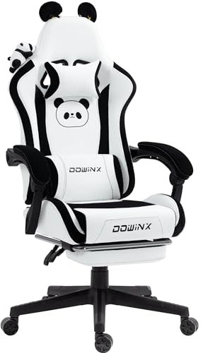 Dowinx Gaming Stuhl - Süße Panda Edition - Ergonomischer Computerstuhl mit Hoher Rückenlehne und Lendenwirbelstütze, PU-Leder, Fußstütze, Panda