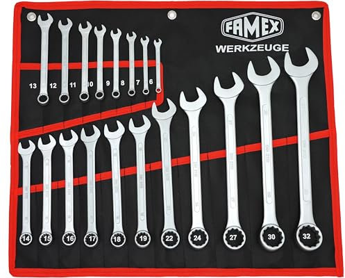FAMEX 10349-19 Ringmaulschlüssel Satz - Gabelringschlüssel Schraubenschlüssel Set - in Rolltasche -19-tlg