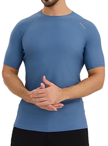 SURFEASY Men's Short Sleeve Rash Vest Swim Shirt, UPF 50+ Sun Protection Quick Dry Rashguard (Grey Blue,L)