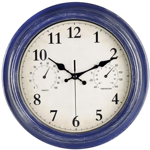 JoFomp Outdoor Clocks for Patio, Large 12 inch Outside Wall Clock Waterproof with Thermometer and Hygrometer Combo, Round Silent Battery Operated Wall Clock for Home, Pool, Garden