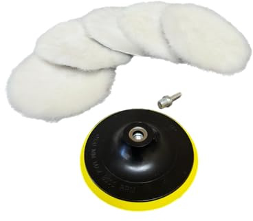 Lambswool Polishing Pads Sheepskin Buffing Pads, 7 Piece Set. Includes 5 Lambs Wool Cutting Pads with Hook, 1 Backing Plate and 1 Drill Attachment - Wool Buffs (4 Inch)