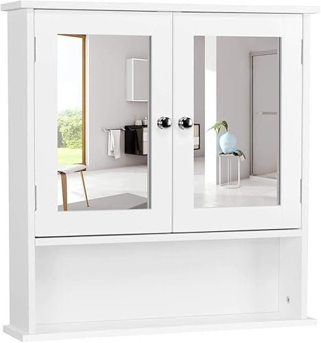 Yaheetech Modern Bathroom Mirror Cabinets, Wall Mount Storage Cabinet with Adjustable Shelf, Double Door Cupboard, White, 56 x 13 x 58 cm