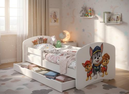 Happy Babies Kinderbett mit Rausfallschutz Junge 160x80 Bett für Kinderzimmer mit Schublade Matratze Einzelbett für Kinder Weiß Blau Hundemotiv