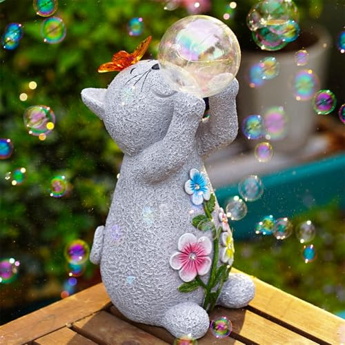 Solar Garden Cat Cat Statue with Glowing Bubble Ball, Outdoor Ornaments | Waterproof Decorations for Porch Lawn Patio, Cute Cat Figurine gifts for Women Birthday Cat lovers