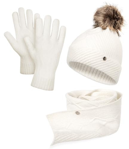 HEYO Damen Mütze Schal Handschuhe, Winter-Accessoires Set, Strickmütze mit Bommel HZ0012 (Ecru)