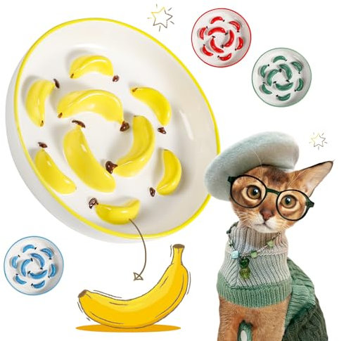 Ciotola Anti Ingozzamento per Gatti in Ceramica - Con Labirinto Interno per un’Alimentazione Lenta - Lavabile in Lavastoviglie e Adatta al Microonde - Colore Giallo - 16 x 3 cm