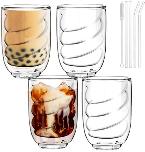 talifoca Lot de 4 verres cannelés avec 4 pailles en verre – 350 ml – Design ondulé pour cocktails, café glacé, jus, limonade et eau – Verres à long drink élégants parfaits comme cadeau